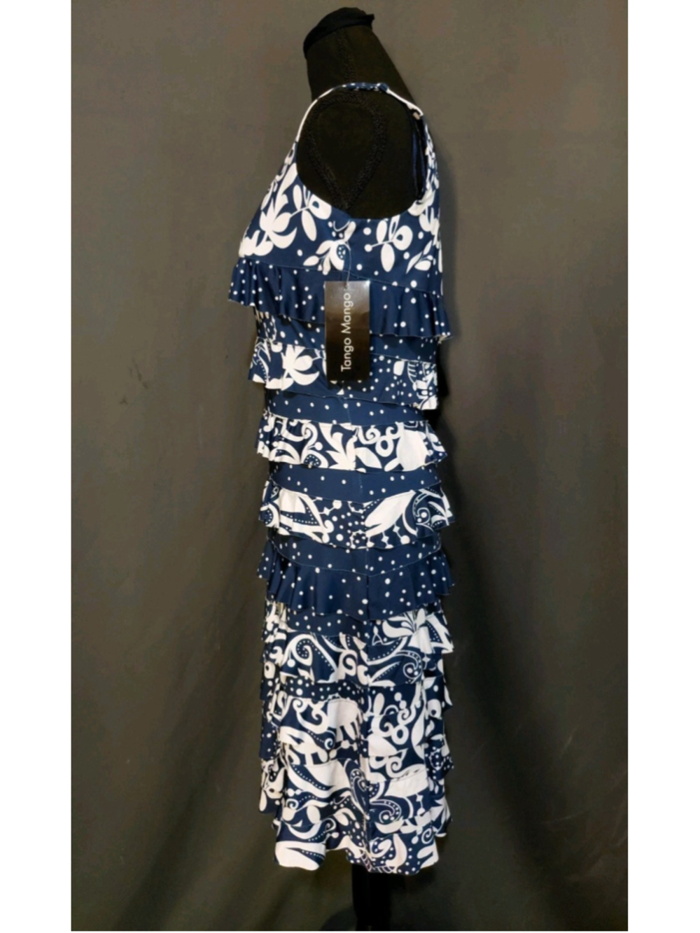 Tango Mango Blue White Abstract Polka Dot Ruffle Shift Dress Stretch P/S NWT - Picture 2 of 5